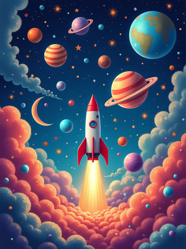 a background with several drawings related to space, with rockets, planets, stars. image in colored pencil style.