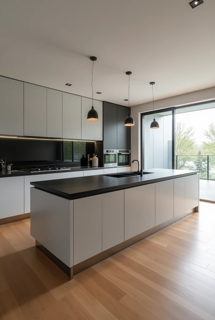 Could you provide me with images of a modern kitchen from different angles?, with wooden floor, with only the black countertop, tables in parallel, the central table coming out from a wall, double-basin sink in the central table, Light grey melamine furniture and transparent door between the side areas on one side of the tables.