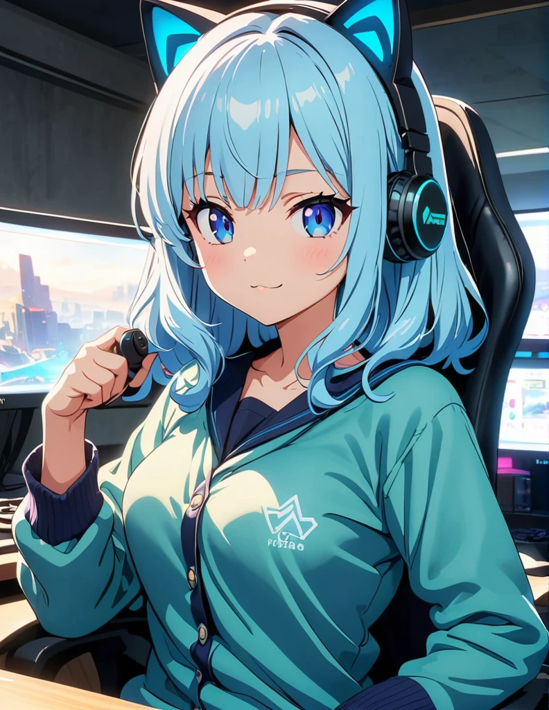 (anime artwork, anime style, studio anime, very detailed, up to date, vibrant, Anime Coloring, high contrast, masterpiece:1.2, best quality, best aesthetics),1 girl,light Blue hair,Mullet hairstyle,Best quality,light smile,{{gaming pc}}, {{gaming chair}}, holding_controller, foreshortening,(cat ear:1.5),ear phone, perfect anatomy,blue eyes,