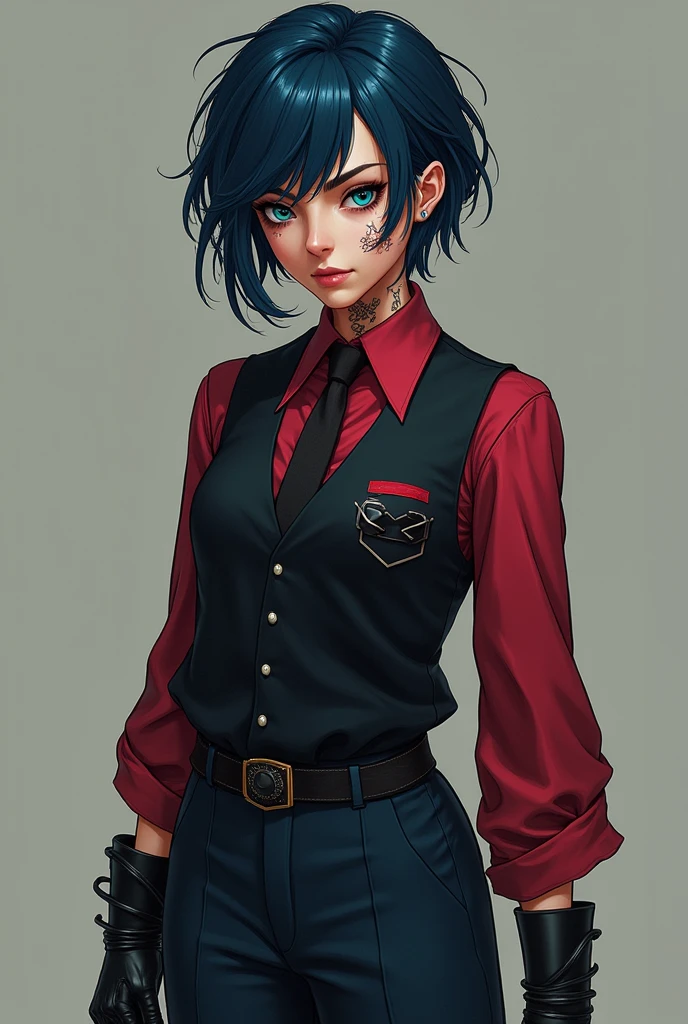 youthful woman, has short, messy hair, dark blue color , eyes with pool blue iris, has a scar on her right cheek. Has a clear, soft and well-maintained skin, with several ritualistic scar and tattoo marks. The girl is dressed in a crimson dress shirt with black pieces, over a dark vest and dark blue pants that go with the look from below, as accompanying accessories Evelyn wears a single glove on her right hand