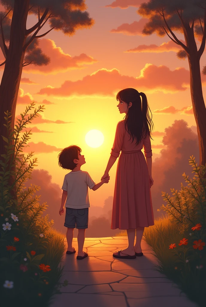Mother hold her son's hand while they are watching the sunset at the footpath