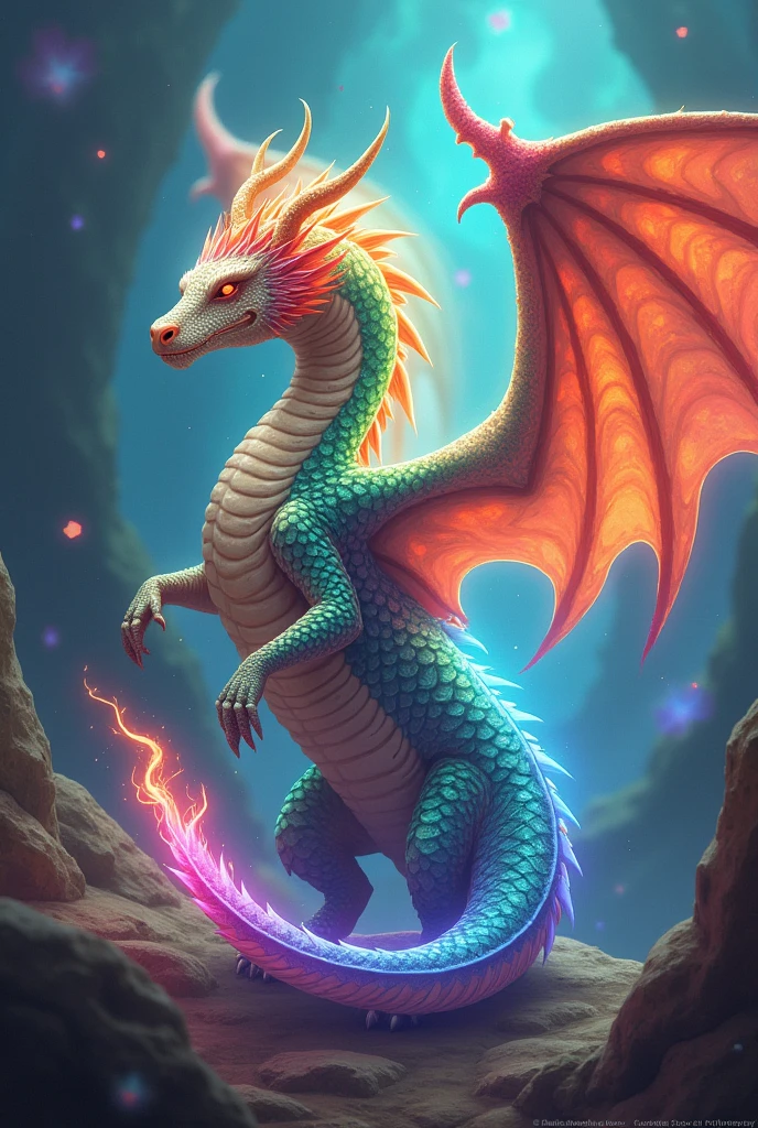Generate a mystical dragon with bright colors