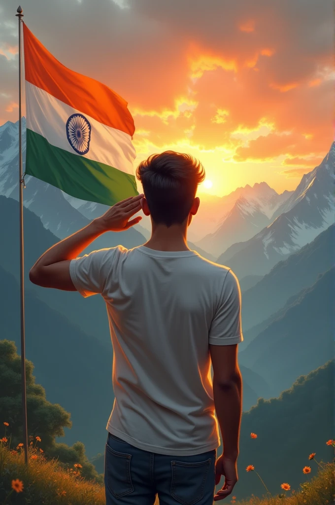 A indian farmer aged around twenty one years saluting background of mountain sunrise and orange white green saluting indian flag with trendy haircut and a t shirt and nightmare knightpaint