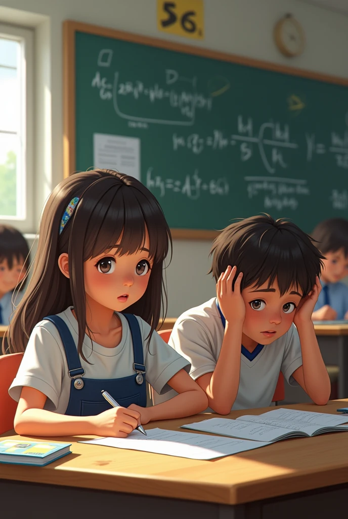 A math class, A girl taking notes and a boy scratching his head in confusion