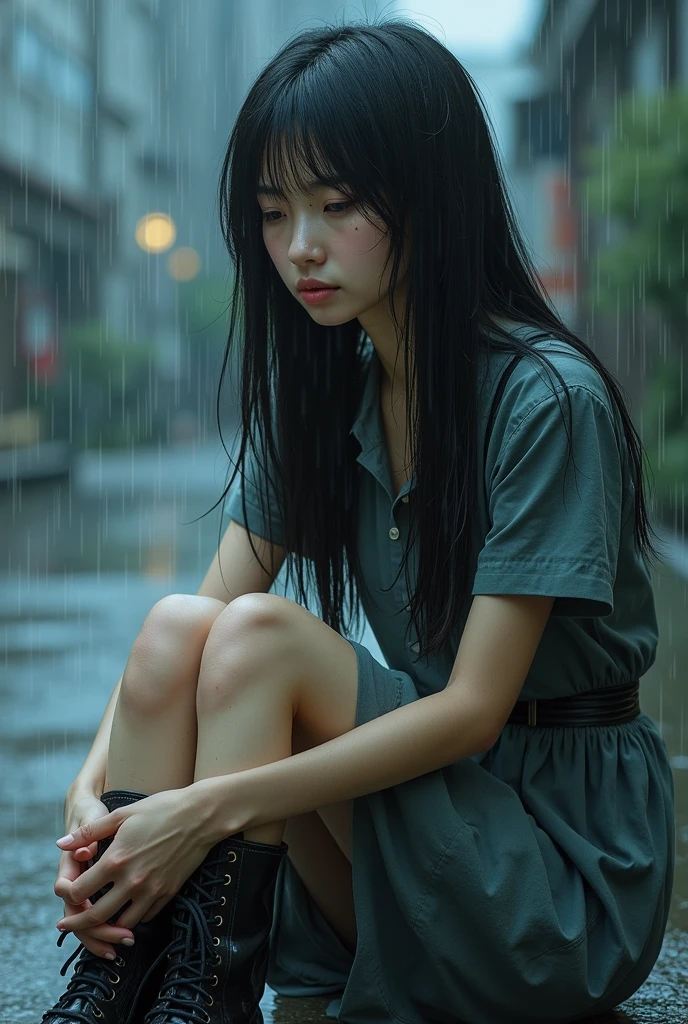 (photorealism:1.3), Japanese woman, 35 years old, not looking at outside, some spots on the face, sitting in the rain, wearing wet dress and skirt and Dr.Martens boots, black long straight, outdoors, soft lighting, relaxed pose, realistic, intricate details, cool colors