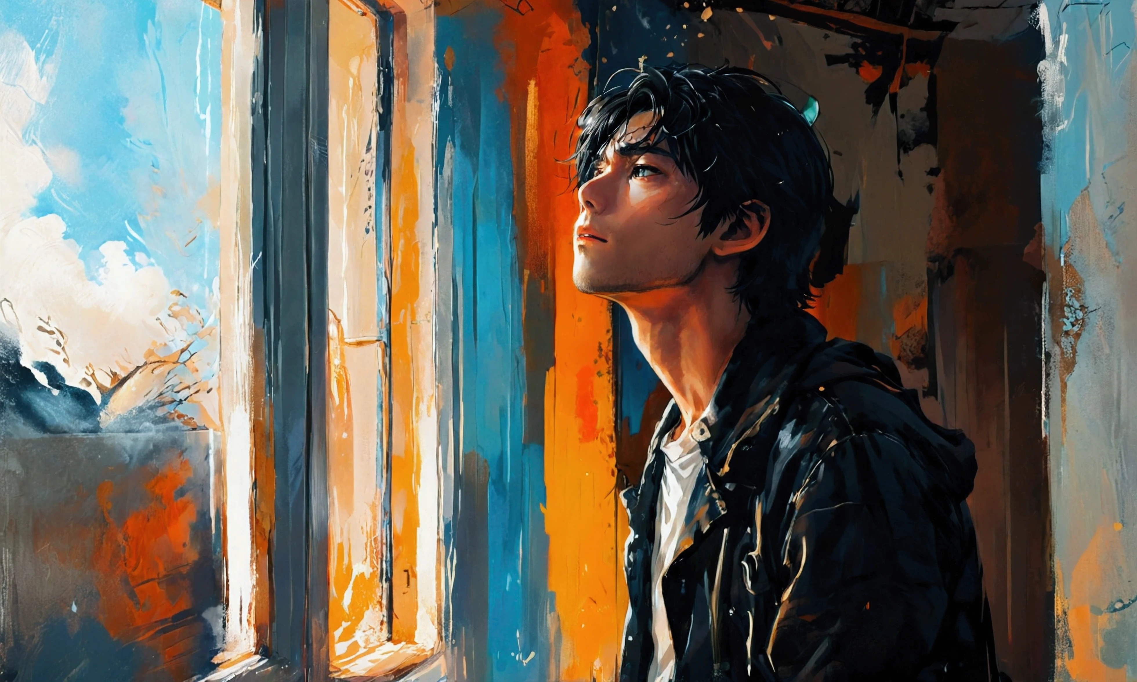 A MAN INSIDE THE HOUSE LOOKING UP,manga style,manga style art,manga style art,manga style art,manga style