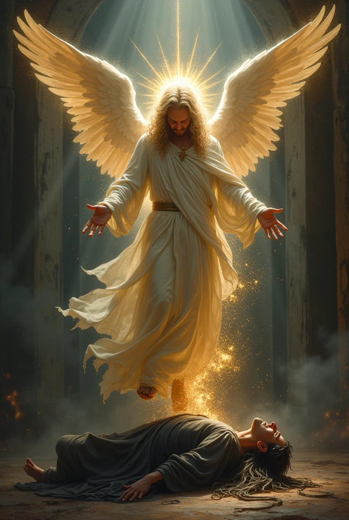 Angel expelling evil spirit from the man 