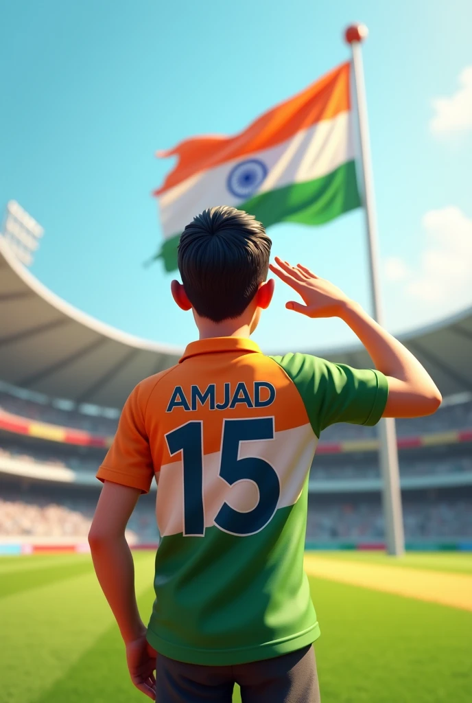 A 26 years old boy salutes the national flag of Bharat in a cricket stadium and he is wearing a shirt print is like Bharat flag and " AMJAD " and 15 number and independence day in small written on it's back in big and bold fonts, 3d illustration.