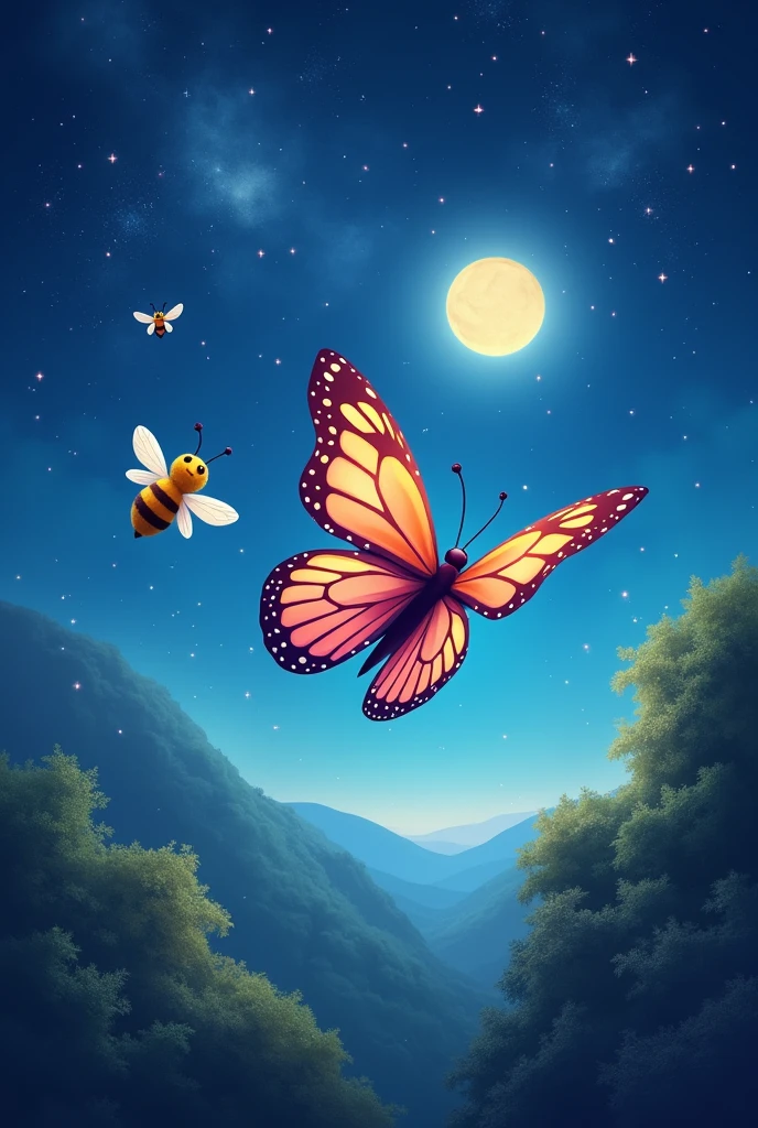 Image of a brilliant butterfly and its bee friend flying together under a starry sky, With the forest shimmering below. The night is full of stars and the moon shines softly