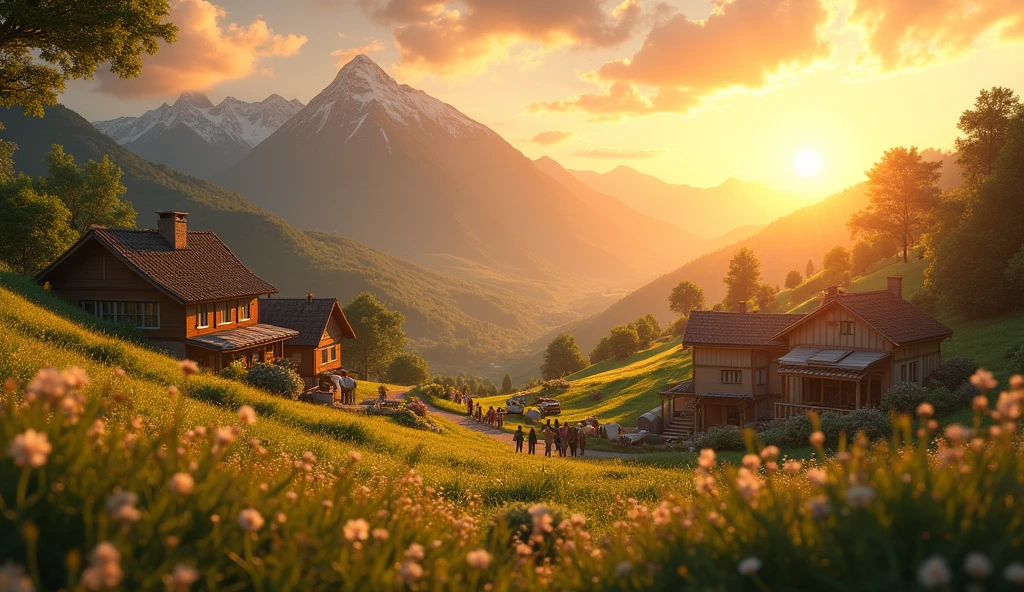 masterpiece, best quality, movie still, village mountain farm , bright, happy, warm soft lighting, sunset, night(sparks:0.7)