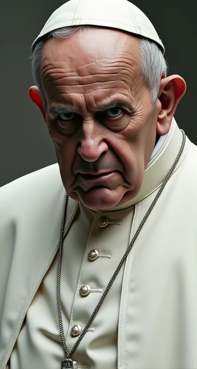 Pope Francis is very large in the image with a worried face