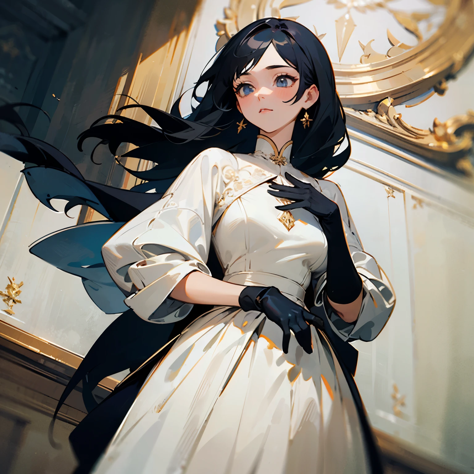 ((best quality)), ((masterpiece)), (detailed), 1girl, dress, black hair, white dress, black gloves