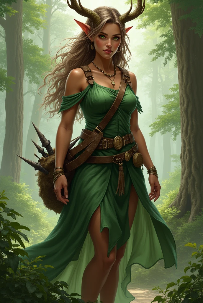 Female Human Druid character, Brown skin and light brown hair with light streaks, one green eye and the other brown with small horns that look like branches and wings. Has a strong connection with nature. Wear a green peasant dress and large breasts, Has a belt where she carries her weapons made of recycled materials she finds,  Carries a bag made of tree bark.
