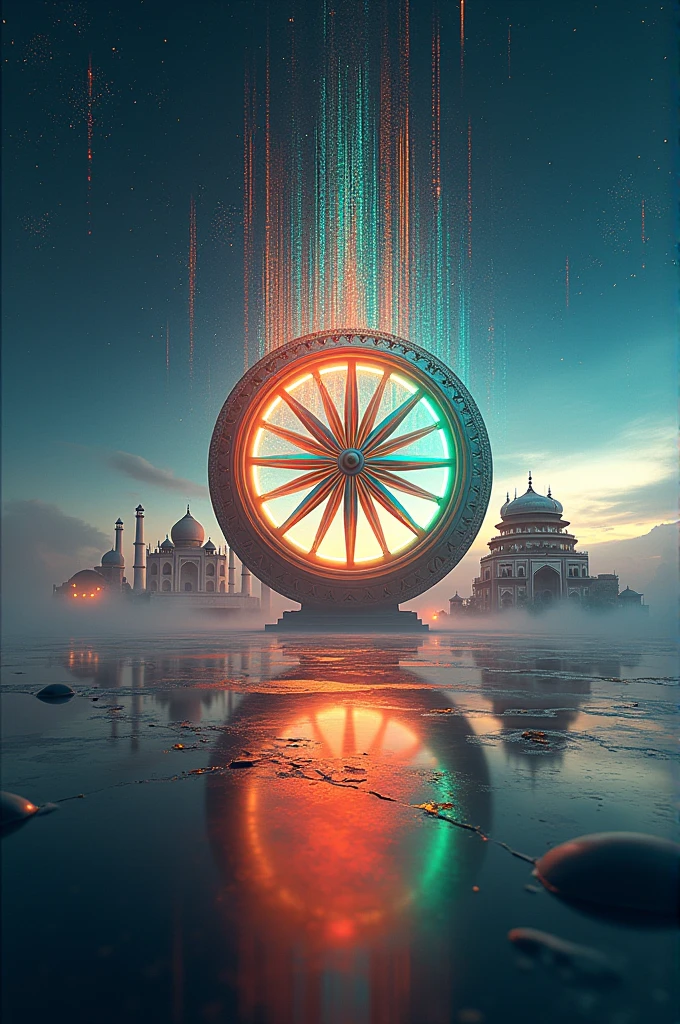 "Design an abstract and futuristic scene symbolizing India's journey since independence. At the center, depict a large, metallic Ashoka Chakra hovering above a reflective surface, with each spoke of the wheel glowing with vibrant colors representing different regions and cultures of India. Surrounding the Chakra, show a mix of modern cityscapes and ancient landmarks like the Taj Mahal and Qutub Minar, blended together in a harmonious way. The sky above should be filled with digital data streams in the colors of the Indian flag, symbolizing India’s growth in technology and innovation. Include subtle patterns of traditional Indian textiles like silk and khadi in the background, merging with futuristic elements to signify progress rooted in heritage."