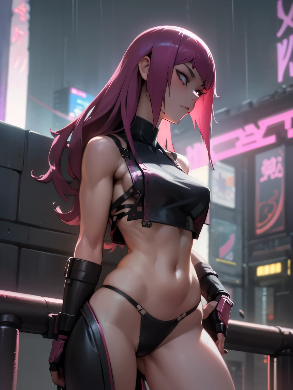 a futuristic female warrior holding a katana, (finely detailed skin), pale skin, (in a deep neckline highly detailed sexy futuristic cyberpunk black crop top and underpants made of circuit boards, japanese words with a flare effect, beautiful epic composition, futuristic, masterpiece, appealing, posing for a photo, attractive female superhero, long pink hair, leather and floral steampunk and floral outfit, rainy city setting, dusk lighting, cinematic, realistic, detailed, photograph