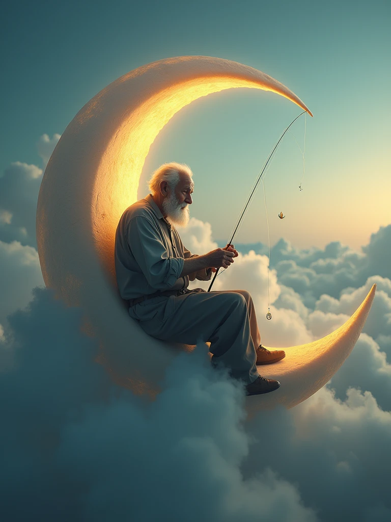 An old man sits serenely on a crescent moon, (fishing among the clouds:1.4). The scene has an evening, tranquil atmosphere. It’s dreamy and whimsical.
deep depth of field, photography, Natural geographic photo, Hyper-realistic, 16k resolution, (masterpiece, award winning artwork), many details, extreme detailed, full of details, Wide range of colors, high Dynamic,