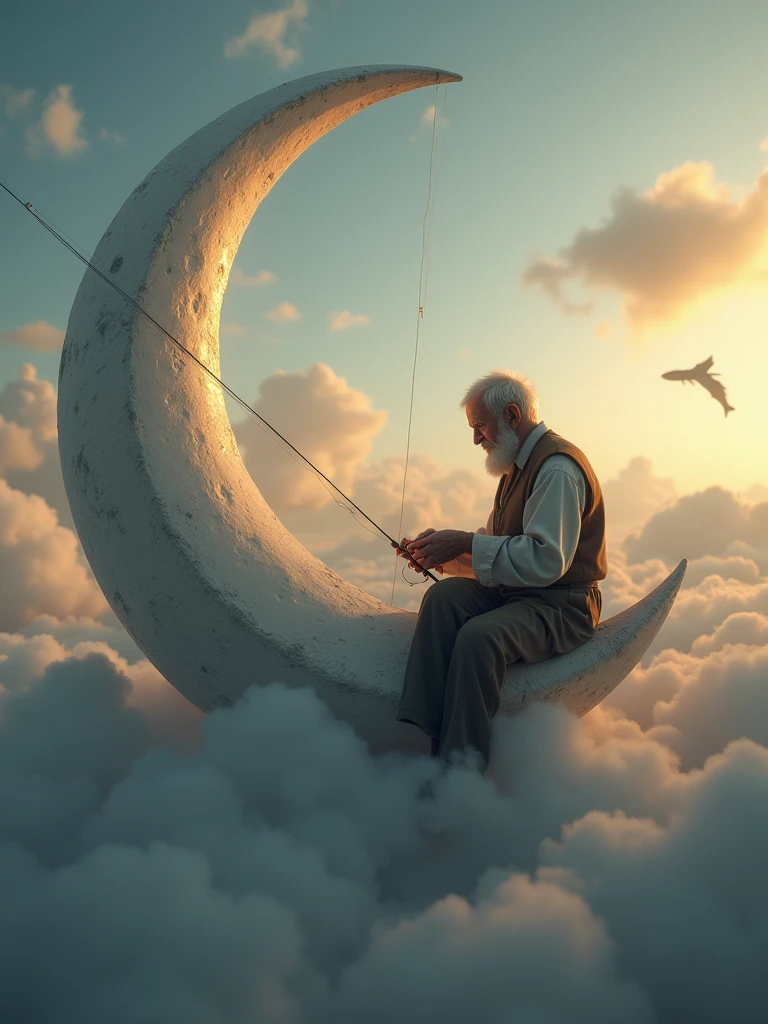 An old man sits serenely on a crescent moon, (fishing among the clouds:1.4). The scene has an evening, tranquil atmosphere. It’s dreamy and whimsical.
deep depth of field, photography, Natural geographic photo, Hyper-realistic, 16k resolution, (masterpiece, award winning artwork), many details, extreme detailed, full of details, Wide range of colors, high Dynamic,