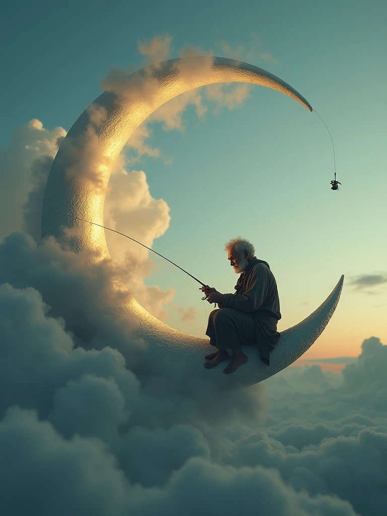 An old man sits serenely on a crescent moon, (fishing among the clouds:1.4). The scene has an evening, tranquil atmosphere. It’s dreamy and whimsical.
deep depth of field, photography, Natural geographic photo, Hyper-realistic, 16k resolution, (masterpiece, award winning artwork), many details, extreme detailed, full of details, Wide range of colors, high Dynamic,