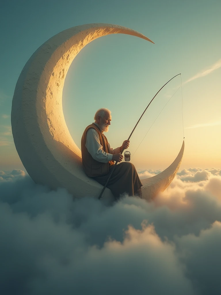 An old man sits serenely on a crescent moon, (fishing among the clouds:1.4). The scene has an evening, tranquil atmosphere. It’s dreamy and whimsical.
deep depth of field, photography, Natural geographic photo, Hyper-realistic, 16k resolution, (masterpiece, award winning artwork), many details, extreme detailed, full of details, Wide range of colors, high Dynamic,