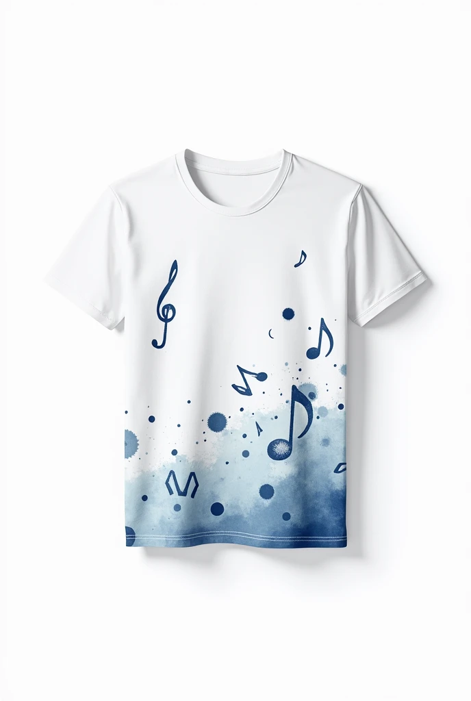 a white t-shirt design with various dark blue musical notes as decoration all over the shirt, making a gradient with some watercolor details, just the shirt