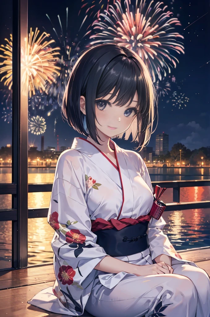 (masterpiece), 4K,woman, yukata,Small breasts,Black hair bob cut,moonlight,Realistic, skinny, smile,sit,((Fireworks display))