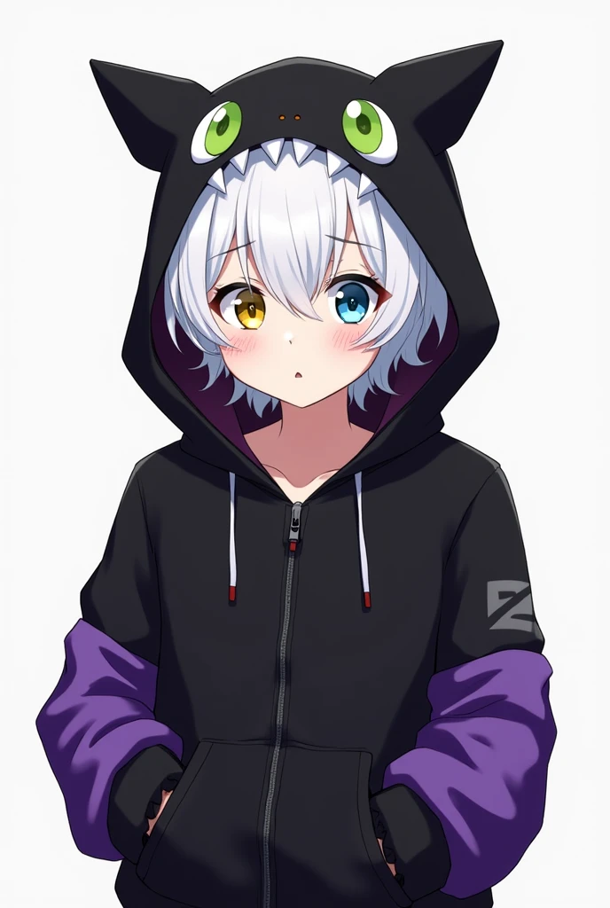 black zip hoodie, orange inner shirt,18 year old boy with white hair,The hood of the hoodie has black ears and two large cute green eyes, and the frame of the hood has white fangs,The hoodie has purple fabric from the elbows down,Odd-eyed, left eye yellow and right eye blue,