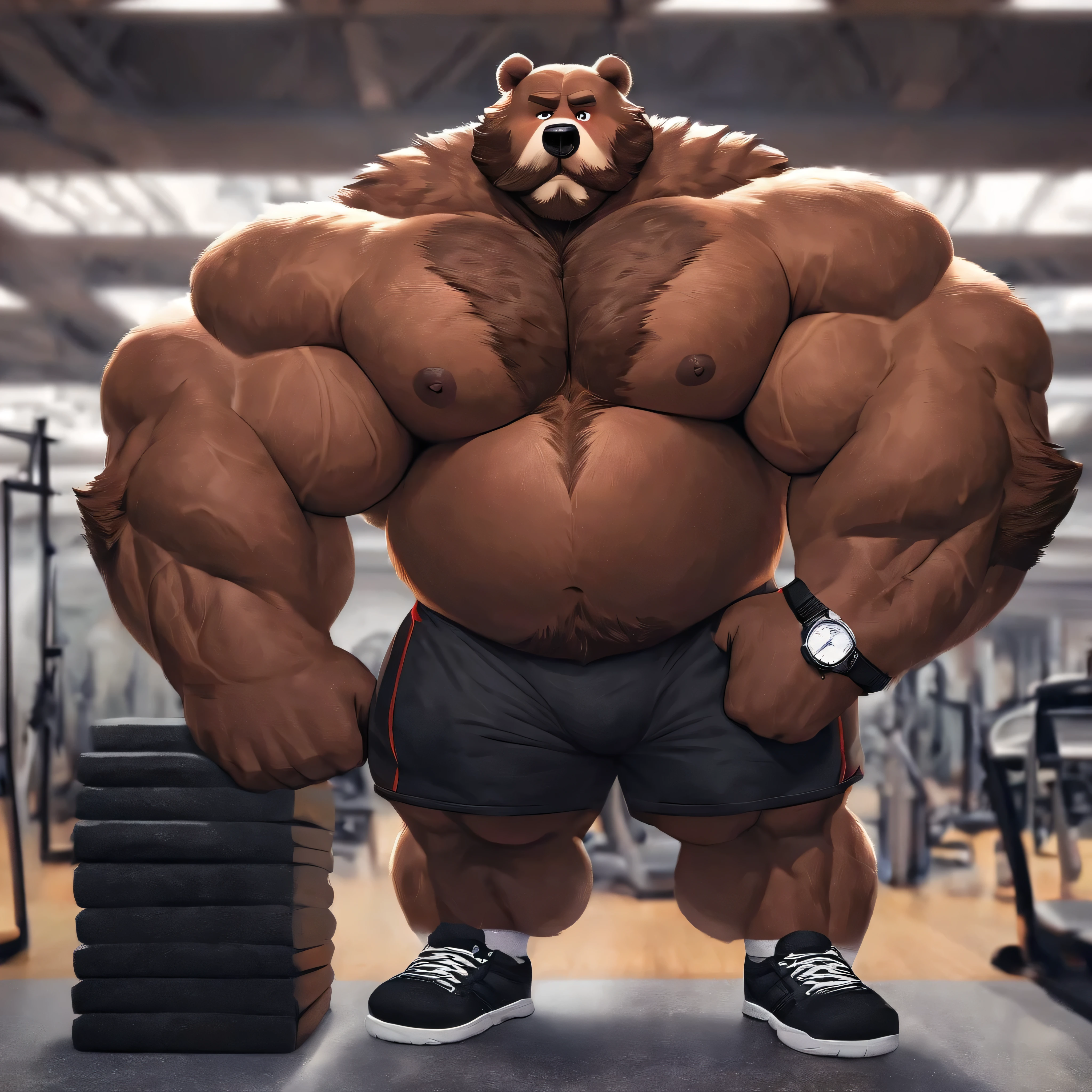 huge muscular kodiak brown bear in big gym fitness center, big gruntings, kodiak bear, huge brown fur, thick arm, huge arm, veins all over arms and chests, bald, brown mustache and brown beard, (muscular, pectoral, wide pectoral, thick arms), HEIGHT: 220CM, WEIGHT: 370KG, gym background, realistic, 8k, masterpiece, added cinnamon colored eyebrows, deatiled eyes with red pupils, (wearing black shorts, wristband, watch, black shirtless, topless and black shoes), flexing hardcore. Seeing how strong he is. Back arched. Shoulders up, roll forward. Elbows out. Forearms at a 30 degree bend.