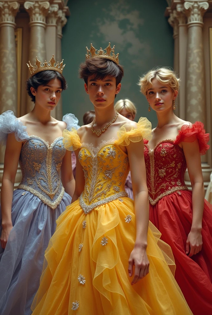 Create images of teenage boys wearing princess dresses, detailed and very realistic