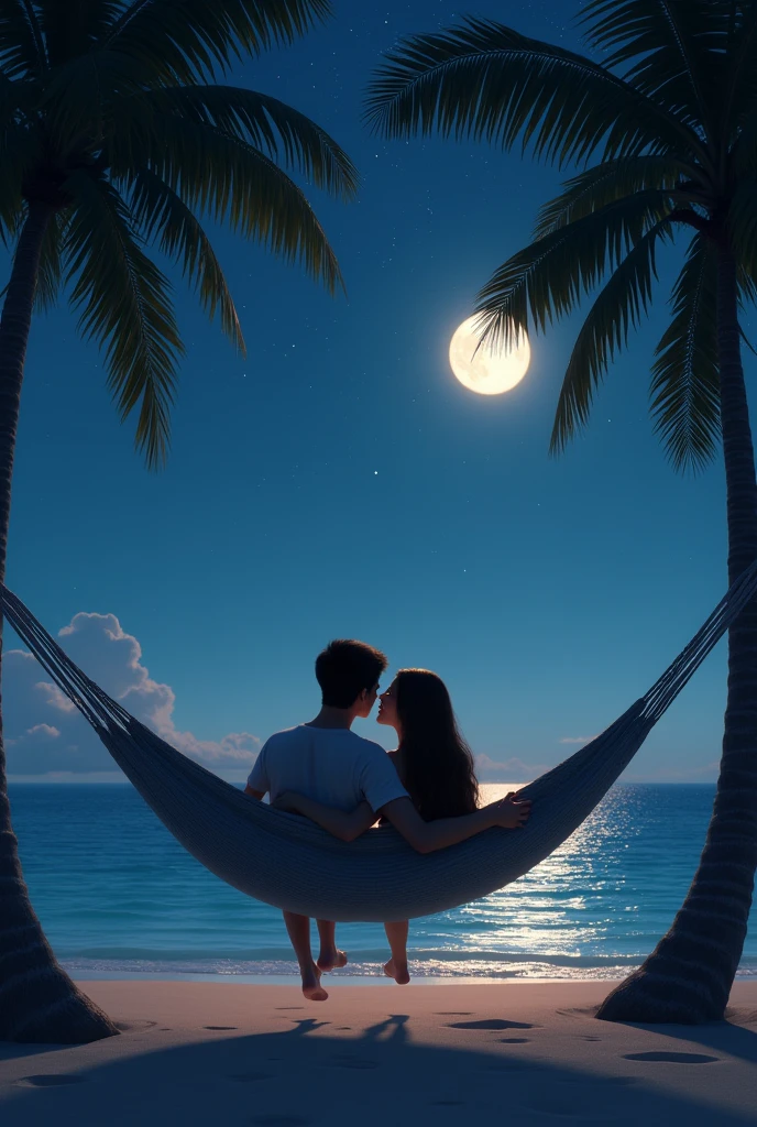 A couple lying in a hammock on the beach at night