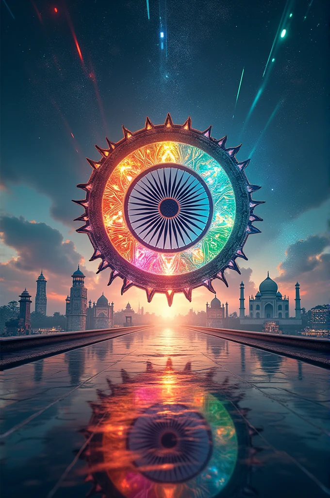 "Design an abstract and futuristic scene symbolizing India's journey since independence. At the center, depict a large, metallic Ashoka Chakra hovering above a reflective surface, with each spoke of the wheel glowing with vibrant colors representing different regions and cultures of India. Surrounding the Chakra, show a mix of modern cityscapes and ancient landmarks like the Taj Mahal and Qutub Minar, blended together in a harmonious way. The sky above should be filled with digital data streams in the colors of the Indian flag, symbolizing India’s growth in technology and innovation. Include subtle patterns of traditional Indian textiles like silk and khadi in the background, merging with futuristic elements to signify progress rooted in heritage."