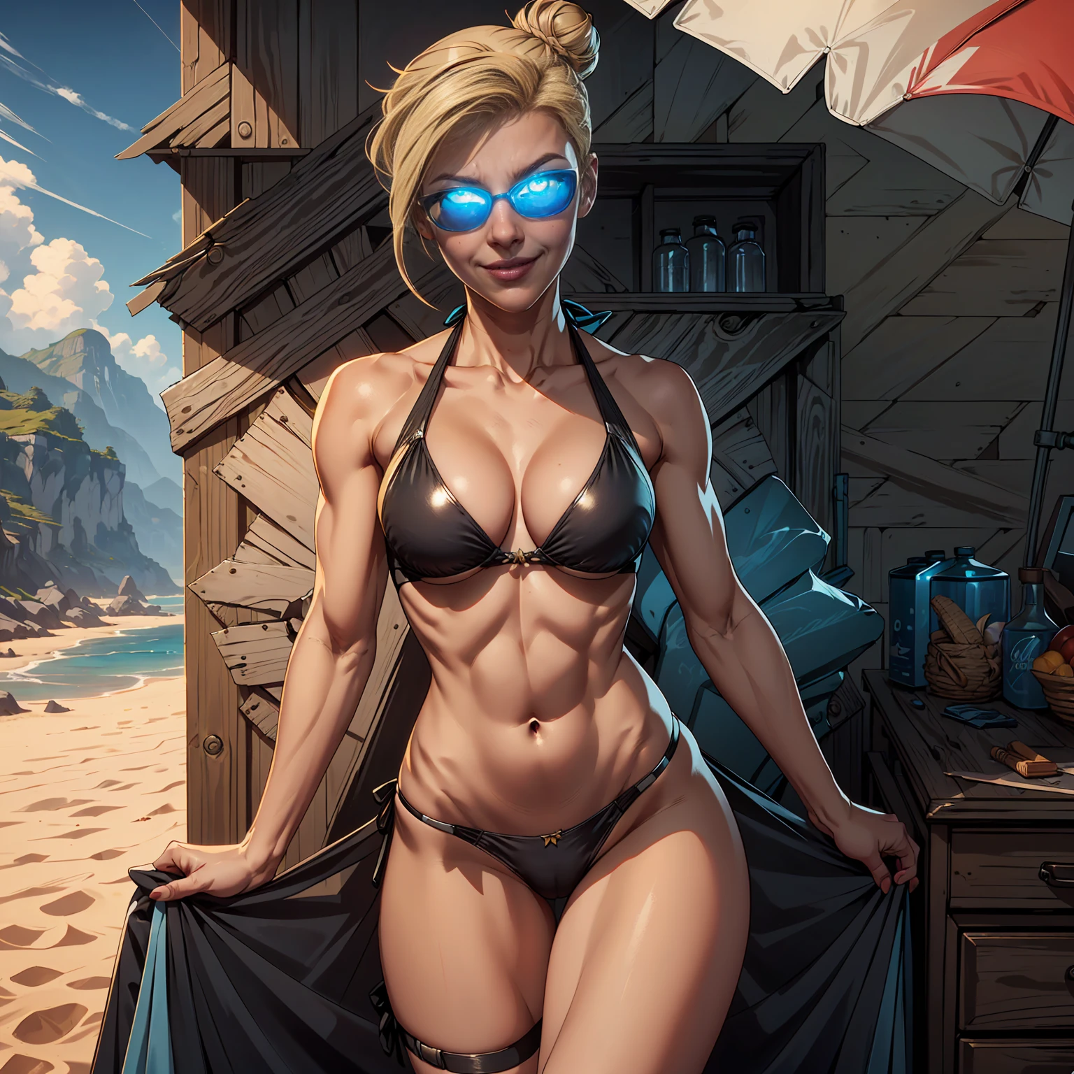 ((solo,1woman, mature, alone))), Cassie Cage , ((blonde hair, undercut, single hair bun, glowing blue eyes, sunglasses, wide eyes, body fur, makeup, narrow waist, skinny, medium breasts)), pelvic curtain, ((black bikini)), full body, perfect body, (insanely detailed, beautiful detailed face, masterpiece, best quality), (extremely detailed 8k paper CG wall unit: 1.1), (beach settings, dusk), (smile face for the viewer),