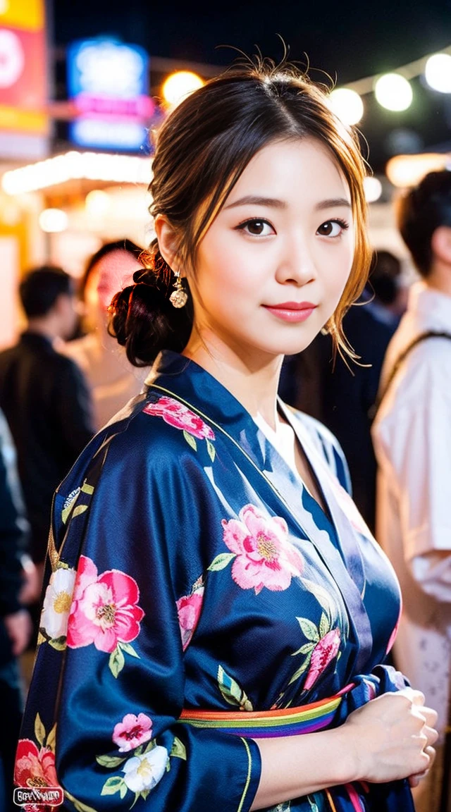 Dark brown hair、Light brown eyes、Japanese actress、 Lady、I am about 40 years old..、(Intricate details:1.2)、(Which is higher???:1.4)、 (Ultra-high resolution:1.2)、Ultra-high resolution、(Fine-tune)、(Detailed facial features)、Hmph、8k resolution、D cup size breasts、Long Hair、Hue、night、,Full body photo、Updo、Enjoying the festival、Japanese Festivalsの活気ある光景. The woman is wearing a floral yukata.,Wearing a summer yukata. nightのお祭り、Summer festival、Japanese Festivals、night祭り、A street lined with stalls selling takoyaki, yakisoba, and other street food.、night、Summer festivalの提灯、sexy、obscene、