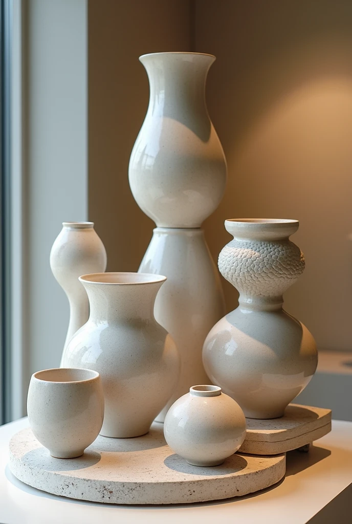 Japonisme Ceramic art exhibition and sollection of several pieces of a artistic shelf in several heights and layers in Topanga follow Japanese Art Principles Lucie Rie wide-eyed-view asymtery and textures various techniques
