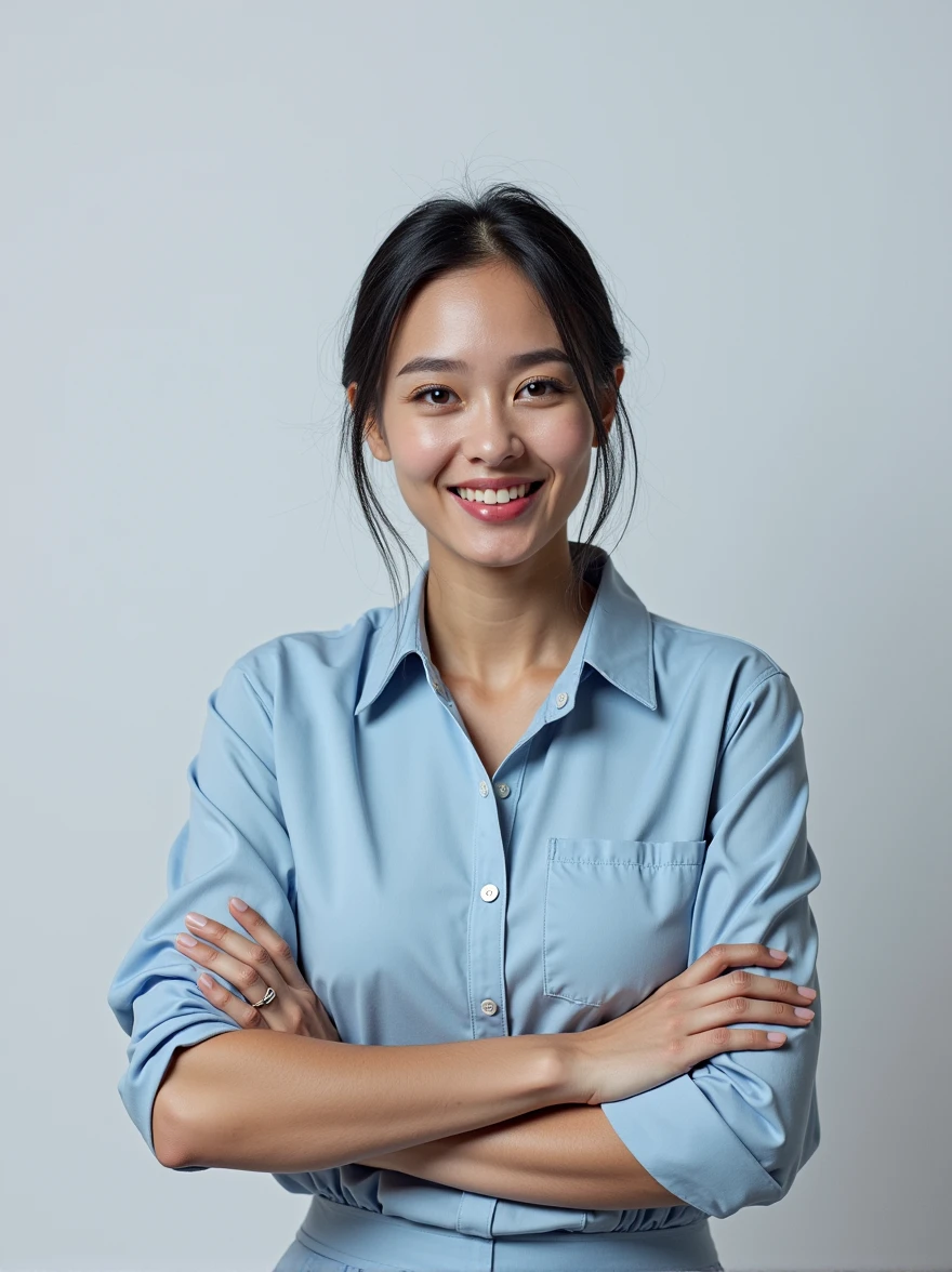a woman in a navy blue business casual suit and pencil skirt, arms crossed, professional headshot portrait, female business executive, lecturer, black hair, slender, 8k high resolution, extremely detailed face, detailed eyes, detailed lips, realistic, photo-realistic, professional portrait, studio lighting, sharp focus, vivid colors
