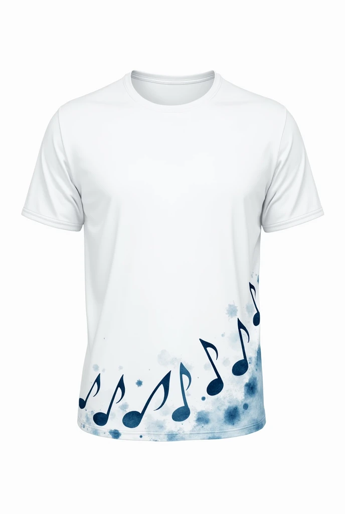 a white t-shirt design for the front and back with various dark blue musical notes as decorations all over the t-shirt, creating a gradient with some watercolor details, just the t-shirt
