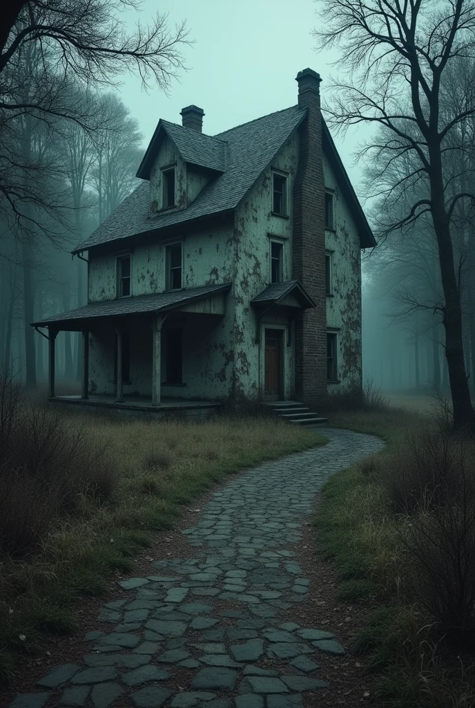 1. Old House in a Remote Village
- Scene 1: An old house that looks worn and scary at the end of the village, surrounded by dense and dark trees. The walls are cracked and the paint is peeling. This scene shows a quiet and tense atmosphere, confirming that this house has not been inhabited for a long time.