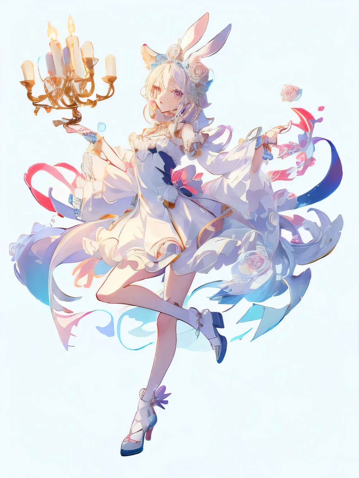 Character Design,Full body shot,Pure white background,Poker,Rose,Candle,Bunny Girl