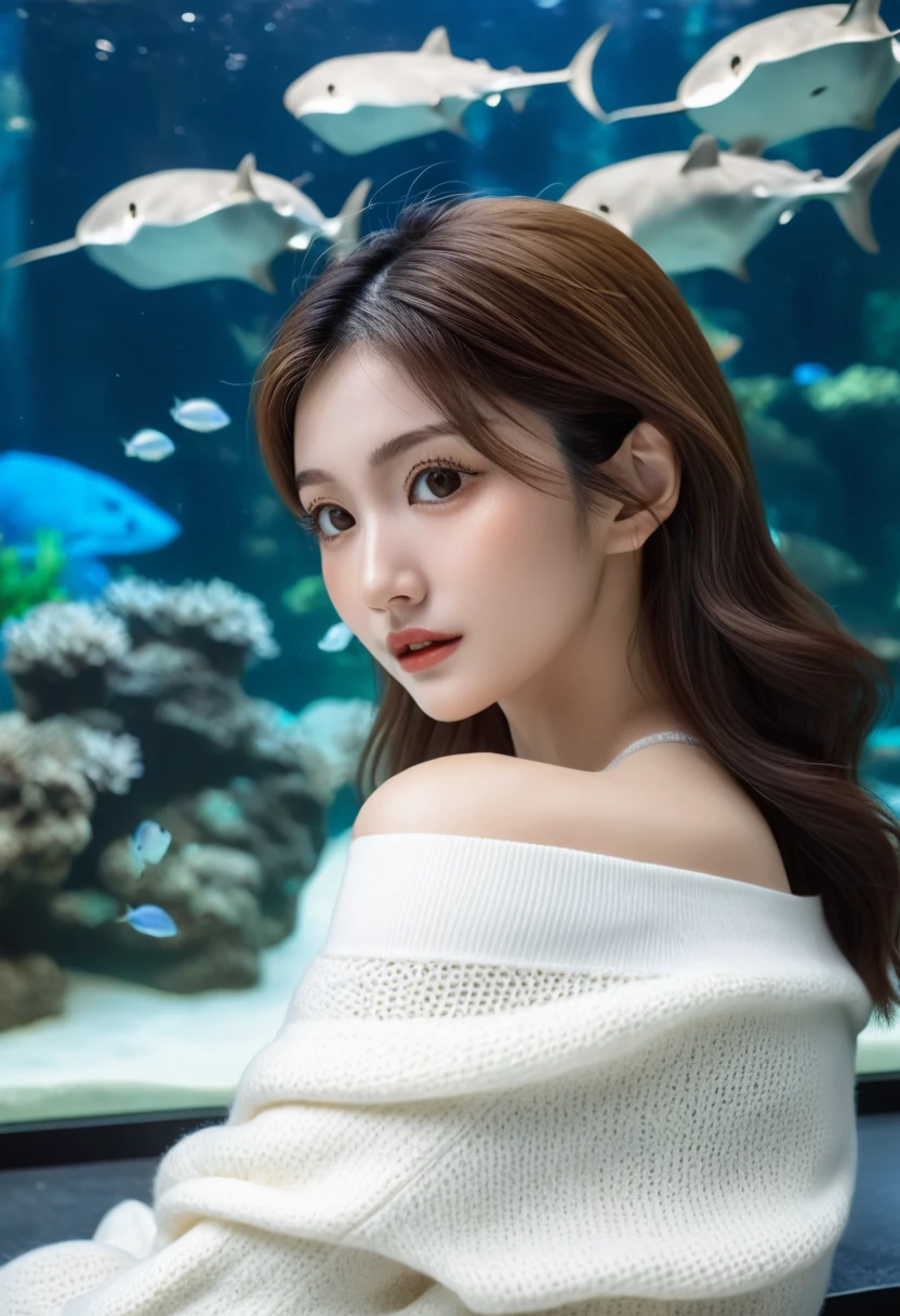 a beautiful woman with black buz cut wearing a white off-shoulder sweater and jeans, sitting in front of a huge aquarium with Stingray in the background, her face in soft focus with intricate skin details, photorealistic, 8k, ultra-detailed,