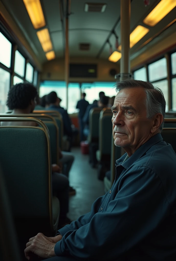 A white man with straight black hair sitting on a tired bus arriving from work, while a group of black people clearly sit at the back of the bus with speakers and are talking very loudly. Ultra realistic 4k image with a man facing forward