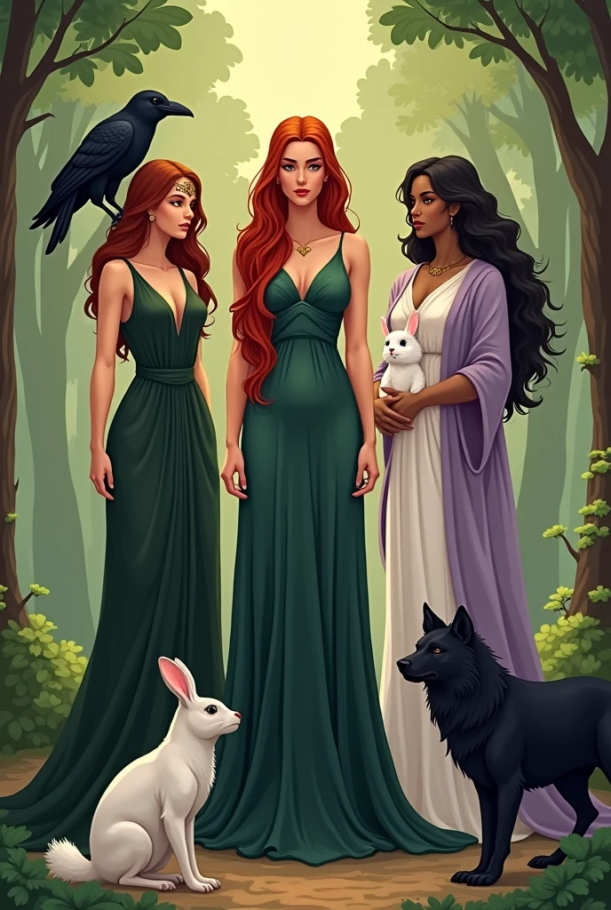 Phone wallpaper, Earthy tones, peaceful. Red-haired and sleek Freya goddess, dressed in dark green with a raven on her shoulder, by your side, goddess Kore with brown curly hair, dressed in white, holding a fluffy white rabbit, and next to her Hekate dressed in purple, wavy black hair and a black wolf at her feet. 2D drawing. forest background.