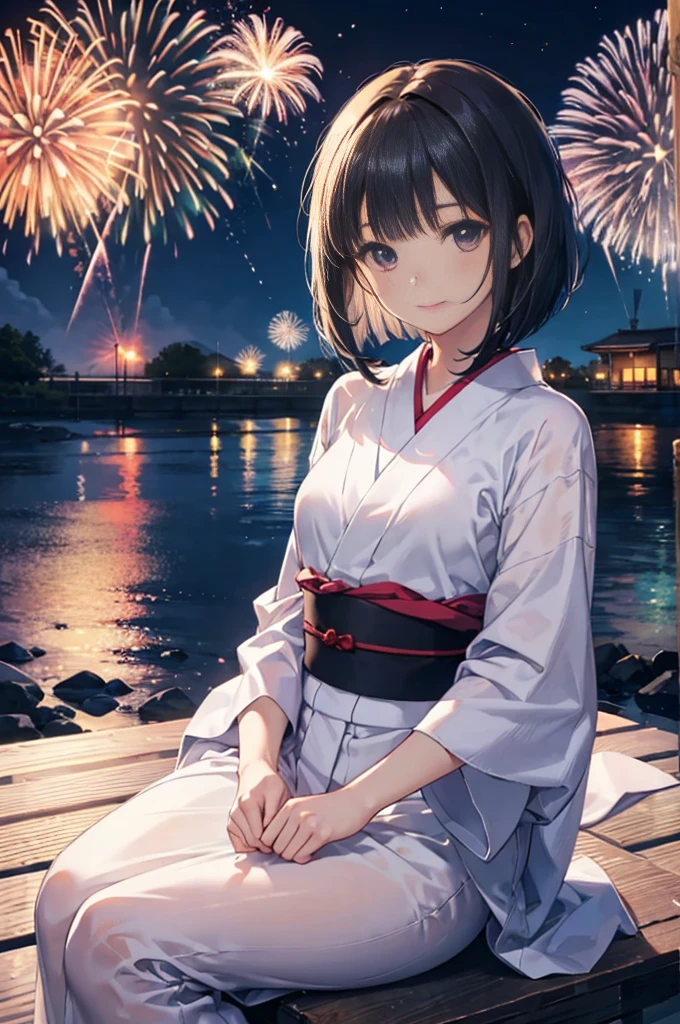 (masterpiece), 4K,woman, yukata,Small breasts,Black hair bob cut,moonlight,Realistic, skinny, smile,sit,((Fireworks display))
