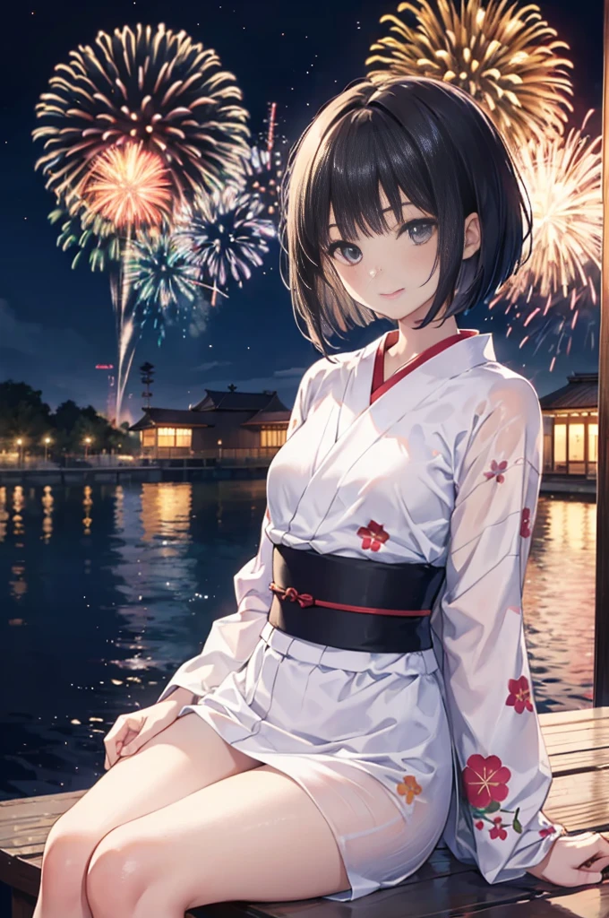 ((sexy cute mini kimono and elegant beautiful white laced panties)),
Full body,Looking back,♥(Japanese beautiful flower printed kimono,yukata),((1girl,cute,young,semi long beautiful black hair,blunt bangs,twin tales,beautiful eyes)),(solo),((masterpiece, highest resolution,best quality)), (beautiful illustration),(Japanese beautiful flower printed kimono,yukata),sitting on the beach bench,waves,fireworks,night sky,full moon,shooting star,(innocent cute laugh,teeth),