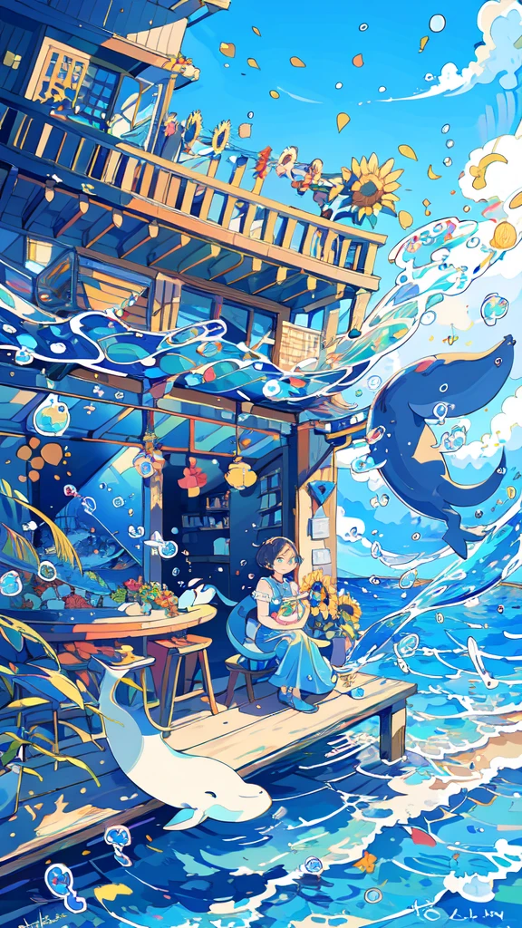 (masterpiece:1.2), best quality,PIXIV, 
fairy tale style, fish, 1girl, flower, shark, bubble, cloud, sunflower, turtle, black hair, outdoors, day, solo, ocean, water, dolphin, scenery, plant, sky, short hair, whale, sitting, signature, penguin, blue sky
 