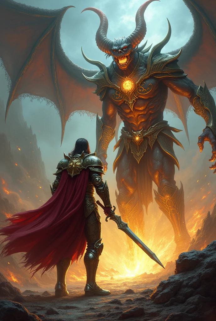 "A dramatic battle scene unfolds with Voltex, a dark knight clad in a long black coat and a noble white shirt, facing off against Azazel, a towering figure of fire and fury. Voltex wields a shadowy, cursed sword with intricate designs, his long black hair flowing as he strikes with precision. Opposite him stands Azazel, engulfed in roaring flames, with fiery wings and intense red eyes. Azazel's blazing sword crackles with molten energy, leaving trails of fire. The environment around them is a scorched landscape with swirling embers and intense heat, highlighting the fierce confrontation between the two powerful beings."