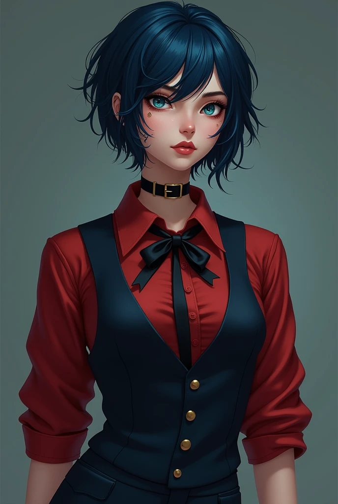 youthful woman, has short, messy hair, dark blue color , eyes with pool blue iris, has a scar on her right cheek. Has a clear, soft and well-maintained skin, with several ritualistic scar and tattoo marks. The girl is dressed in a crimson dress shirt with black pieces, over a dark vest and dark blue pants that go with the look from below,


