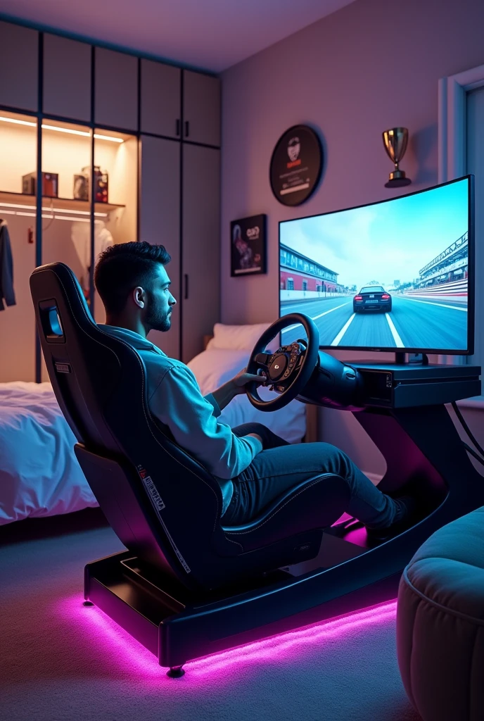 racing simulator, bed, closet, chair, room, racing car, picture RACING