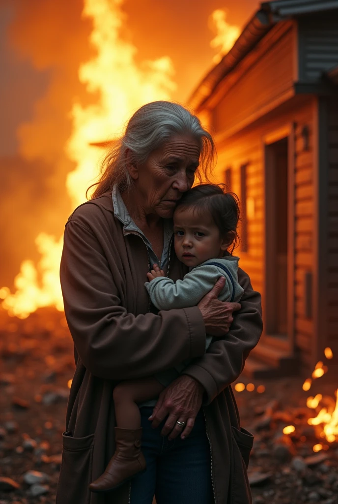 A grandmother holding her while their house is on fire.