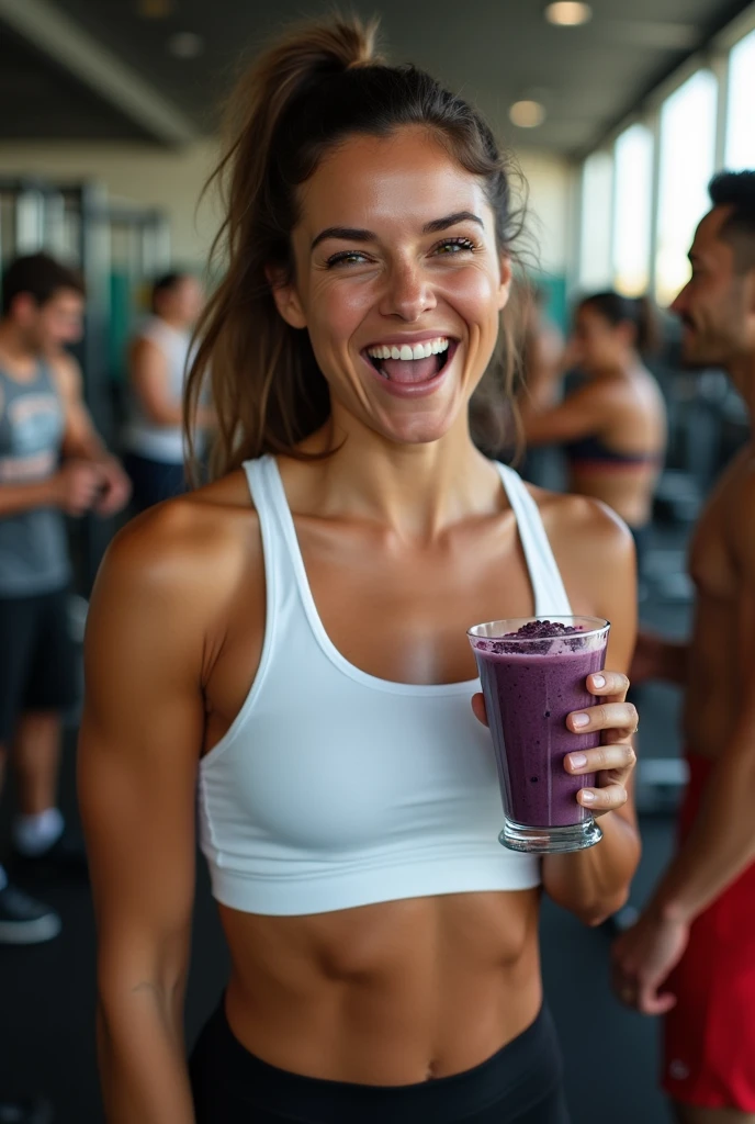 A Brazilian woman at the gym, The woman has a defined body, wearing a white gym shirt with black leggings, with a close-up capturing the moment, she is having a cup of acai , showing off your natural charm and outgoing personality, She has her mouth open, ready to consume the acai. She demonstrates satisfaction as she eats. There are people in the background of the landscape watching her eat
