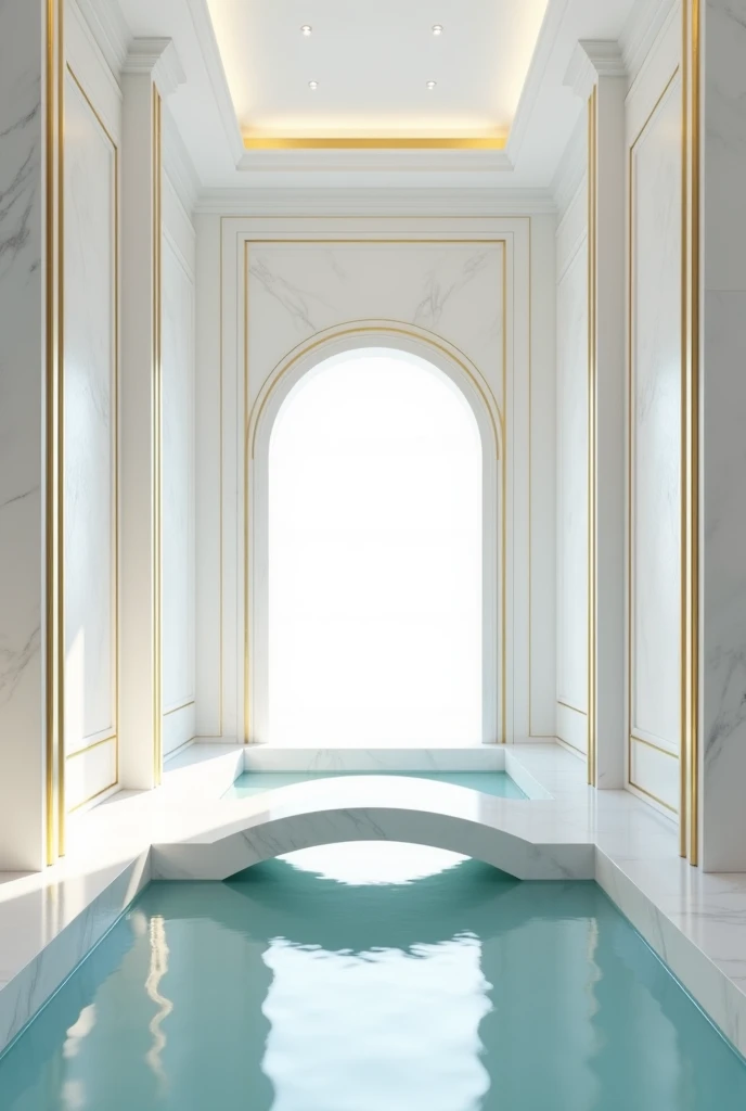 Create an image of a room with a pool in the center. This room is all white with gold details in the style of Ancient Greece. And there is a bridge that crosses the pool horizontally