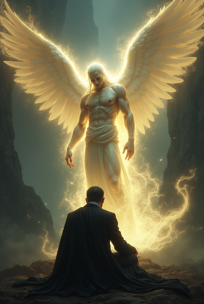 An angel with open wings removing an evil spirit from a seated man.